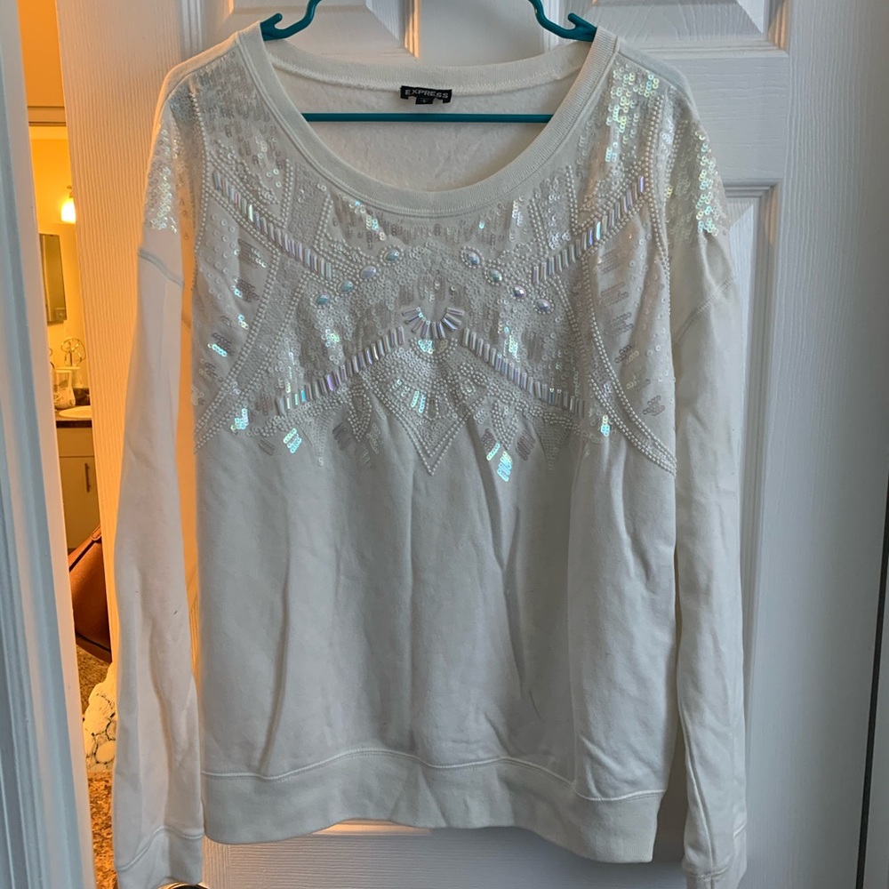 Express white sweatshirt with sequence design